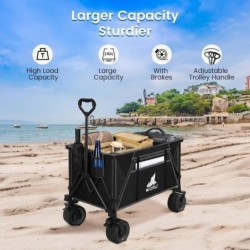Chariot de Jardin Pliable, Roues larges, Chariot pour Camping, Plage, Charge 120kg, Tissu Oxford+Acier, Noir+Gris