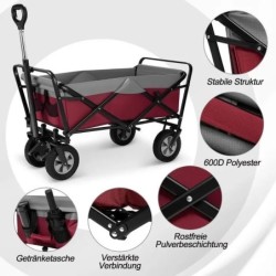 Chariot Pliable, Chariot de Jardin 100L, Poignée Réglable, Brouette de Plage Portable, Charge 80kg, Fuchsia+Gris