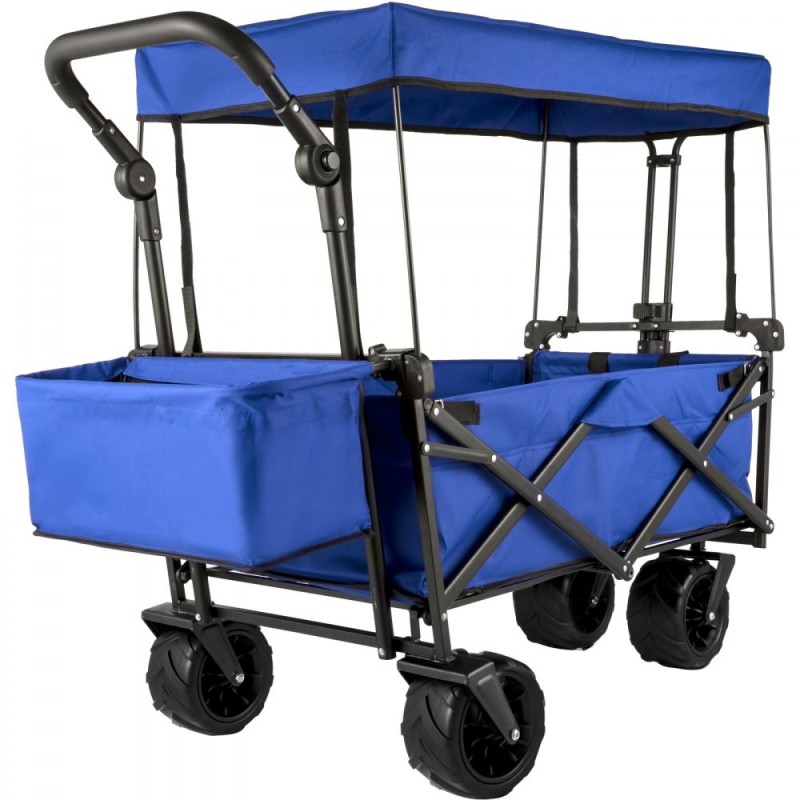 VEVOR Chariot de Jardin Pliable Chariot de Plage Chariot de Transport avec 4 Roulettes Chariot Pliable avec Toit Bleu Remorque d