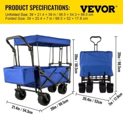 VEVOR Chariot de Jardin Pliable Chariot de Plage Chariot de Transport avec 4 Roulettes Chariot Pliable avec Toit Bleu Remorque d