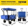 VEVOR Chariot de Jardin Pliable Chariot de Plage Chariot de Transport avec 4 Roulettes Chariot Pliable avec Toit Bleu Remorque d