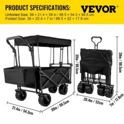 VEVOR Chariot de Plage Chariot de Transport Chariot Pliable avec Toit Chariot Portable Pliée Cadre Acier de Grandes Roues 360°