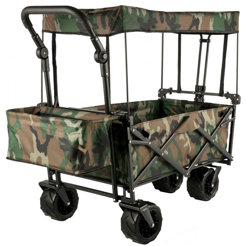 VEVOR Chariot Jardin 4 roulettes Chariot de Plage Chariot de Transport Chariot Pliable avec Toit Camouflage Remorque Transport