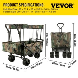 VEVOR Chariot Jardin 4 roulettes Chariot de Plage Chariot de Transport Chariot Pliable avec Toit Camouflage Remorque Transport