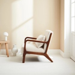 Fauteuil scandinave bois d'hévéa teinté noyer clair et bouclette