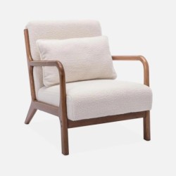 Fauteuil scandinave bois d'hévéa teinté noyer clair et bouclette