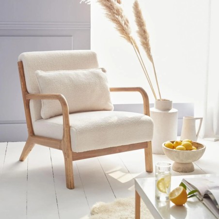 Fauteuil scandinave bois d'hévéa et bouclette