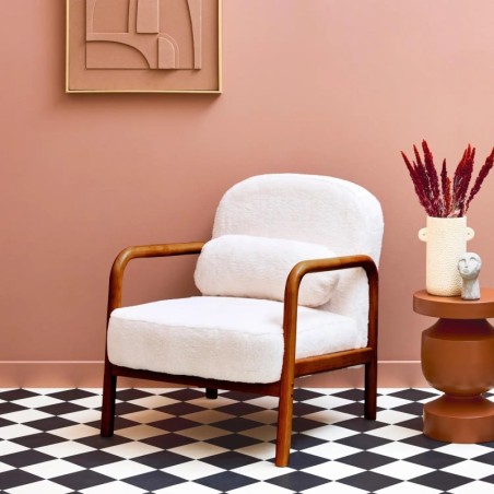 Amelie Fauteuil scandinave bois d'hévéa teinté noyer clair et tissu fausse fourrure
