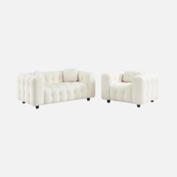 Leon Fauteuil capitonné tissu bouclette texturée Crème