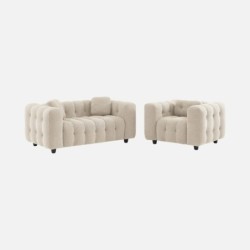 Leon Fauteuil capitonné tissu bouclette texturée Beige