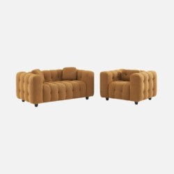 Leon Fauteuil capitonné tissu bouclette texturée Moutarde