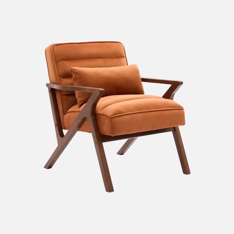 Antoine Fauteuil scandinave bois d'hévéa et velours Terracotta