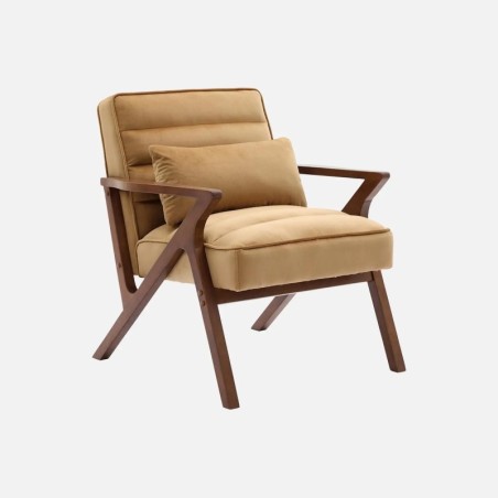 Antoine Fauteuil scandinave bois d'hévéa et velours Camel