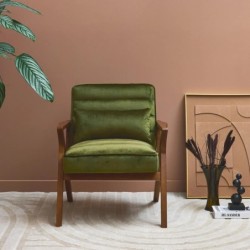 Antoine Fauteuil scandinave bois d'hévéa et velours Kaki