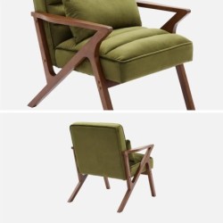 Antoine Fauteuil scandinave bois d'hévéa et velours Kaki