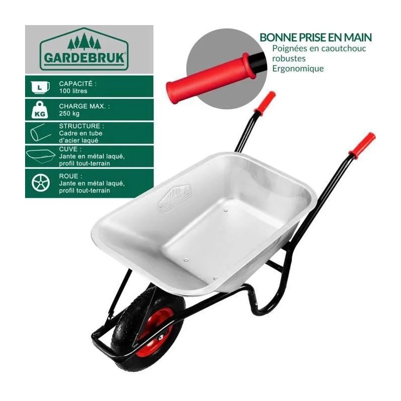 Brouette de jardin 100L max 250kg chariot transport feuilles bois construction chantier zingué roue pneumatique