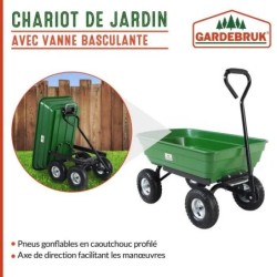 Chariot de jardin à main 75L vert avec benne basculante Remorque 4 pneus max 300 kg Jardinage